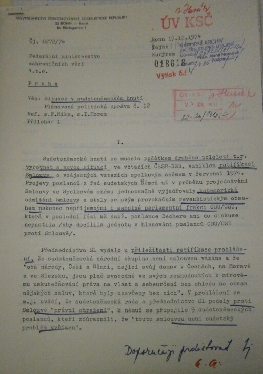 Dokument in tschechischer Sprache zur Sudetendeutschen Landsmannschaft