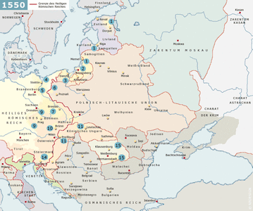 Karte, die das östliche Europa im Jahr 1550 zeigt