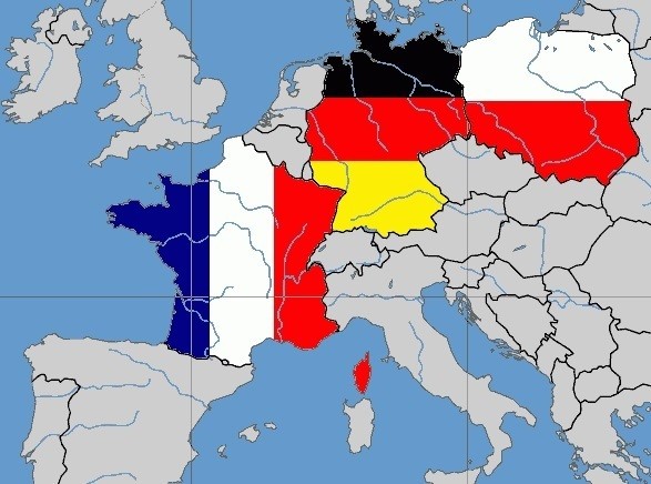 Grafik einer Europakarte, in der die Länder Deutschland, Frankreich und Polen durch die jeweiligen Flaggen hervorgehoben sind